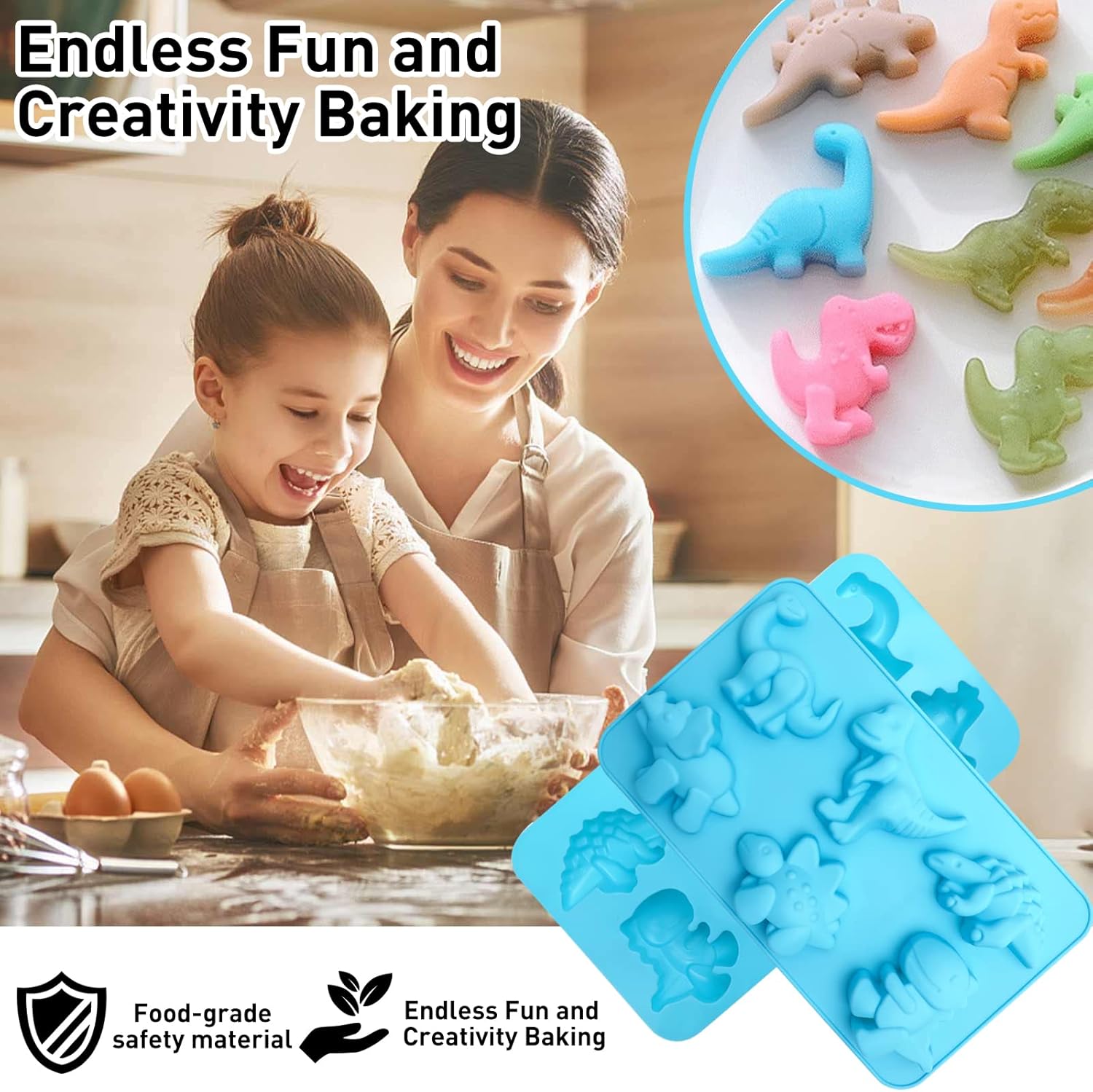 2-Pack 12-Cup Muffin Pan with Carry Lid|Dinosaur Silicone Mold, 11inch*6inch Blue Dinosaur Candy Chocolate Mold