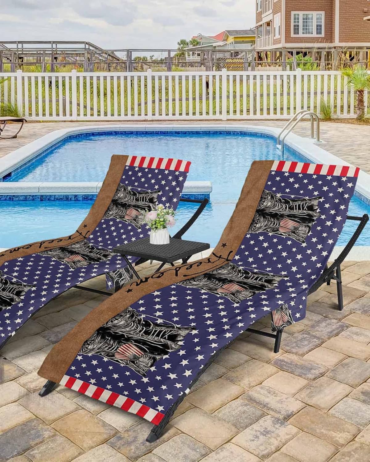 Freedom Boots Beach Pool Patio Lounge Chaise Chair Cover Towel With Pockets,Absorbent & Quick Dry Microfiber Towel Cover Bag Summer Accessories for Sunbathing Independence Day Stripes Stars Flag