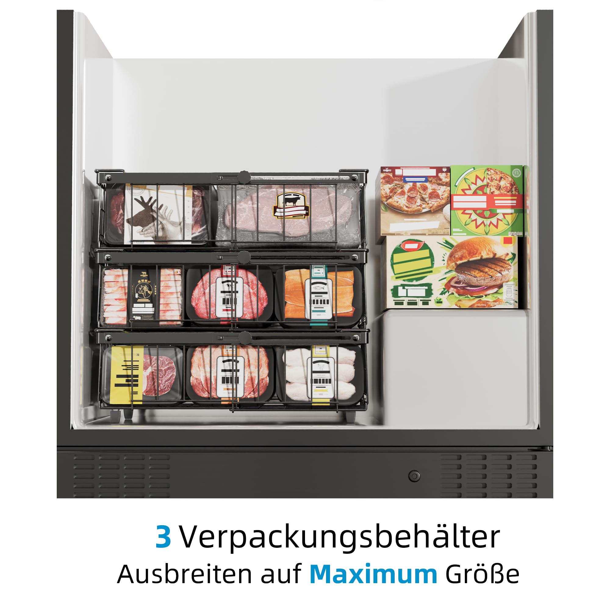 6er Stapelbar Gefriertruhe korb,gefriertruhe organizer verstellbar,gefrierschrank organizer,stapelkörbe,Schwarz, Ausziehbare Länge 29-46CM