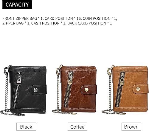 Miniatura 8 de Cartera de cuero para hombre con cadena antirrobo, cartera plegable de cuero genuino RFID, multifuncional, con cremallera, bolsillo para monedas con