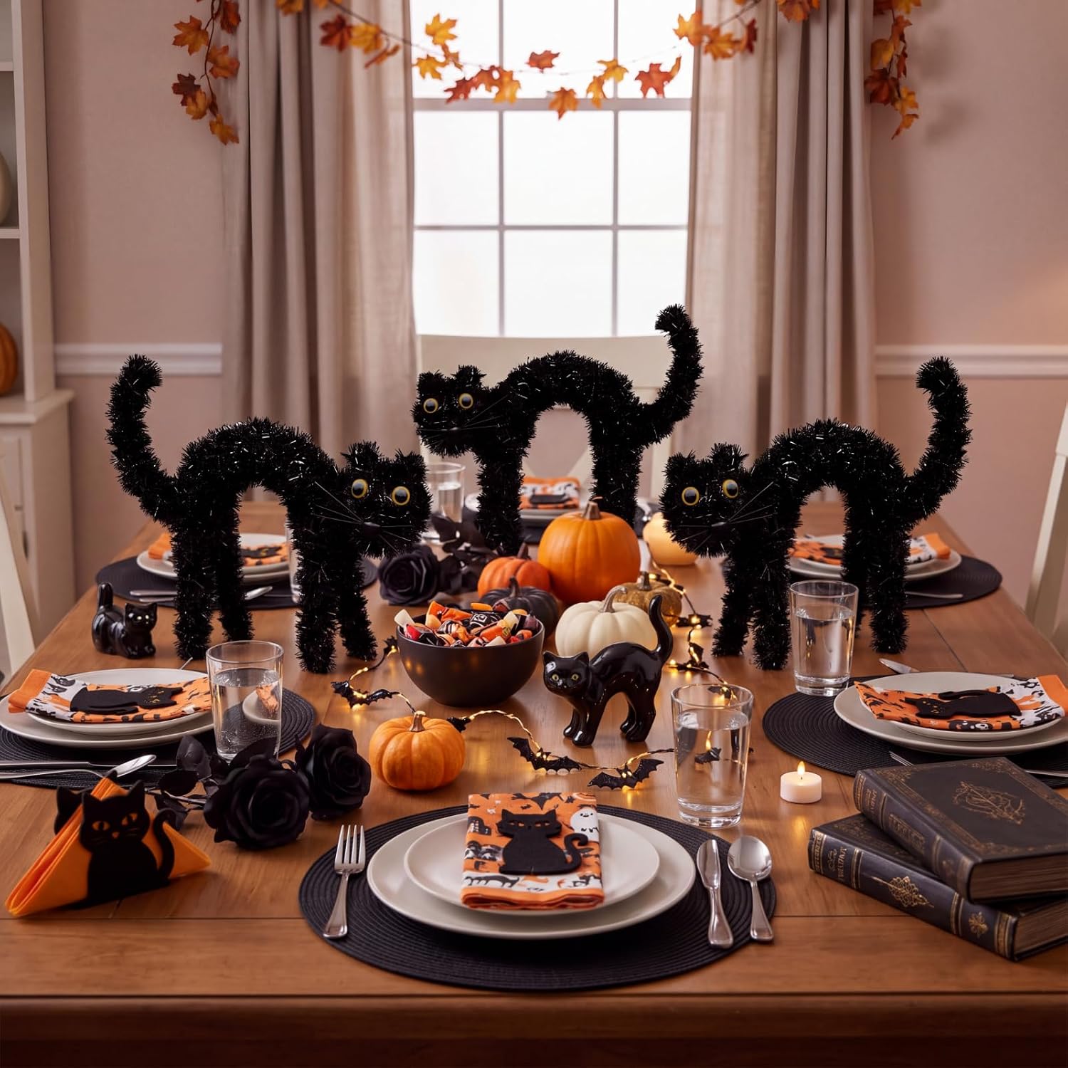 3 Pcs Halloween Tinsel Black Cat Decor, 3D Shimmering Spooky Cat Statues