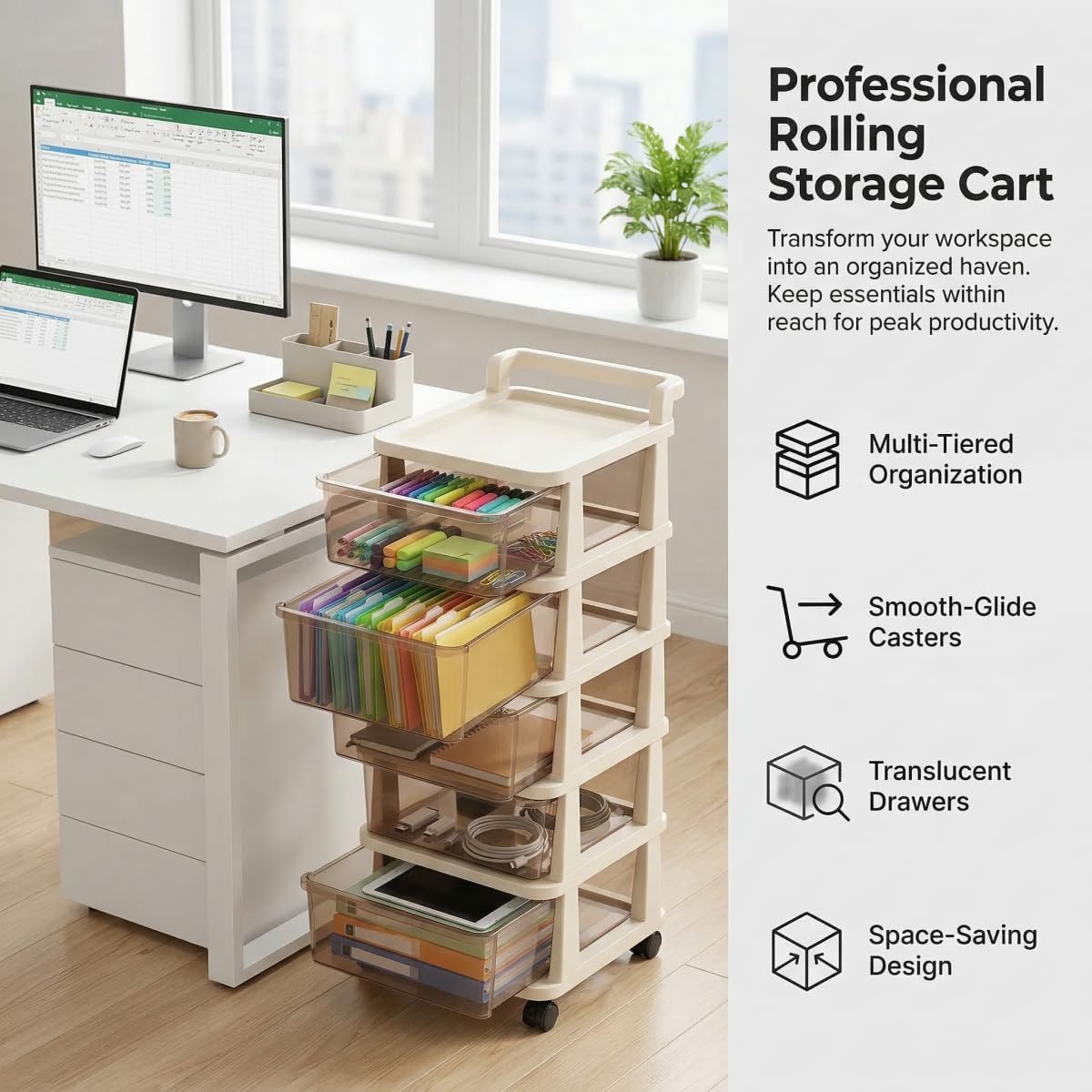 4-Tier Clear Drawer Storage Cart with Locking Wheels&Handle, Easy Assembly Rolling Storage Cabinet Organizer, Compact Drawer Tower for Bathroom Kitchen Dorm Office