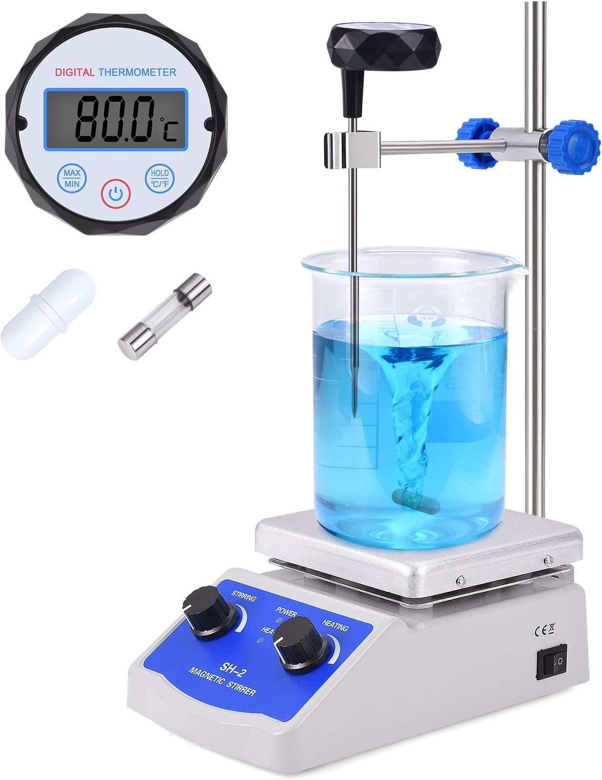 Slendor Magnetic Stirrer SH-2 Hot Plate Mixer Max 520℉ Lab Hotplate Stirrer 2000 RPM Stir Plate with Thermometer, Stir Bar and Support Stand