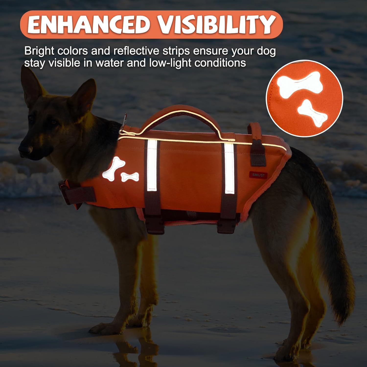 EMUST Dog Life Jacket, Lightweight Dog Life Vests with Rescue Handle for Small Medium and Large Dogs, Pet Safety Swimsuit Preserver for Swimming Pool Beach Boating, 2XL, NewOrange