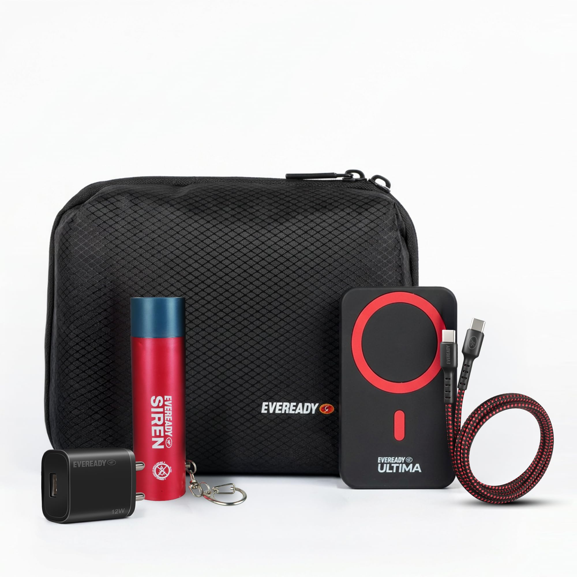 eveready edc kit bag, 10,000mah magsafe compatible power bank pb31, 12w charger, 60w type-c cable, led siren torch with personal safety alarm, ideal for travel, work & gifting