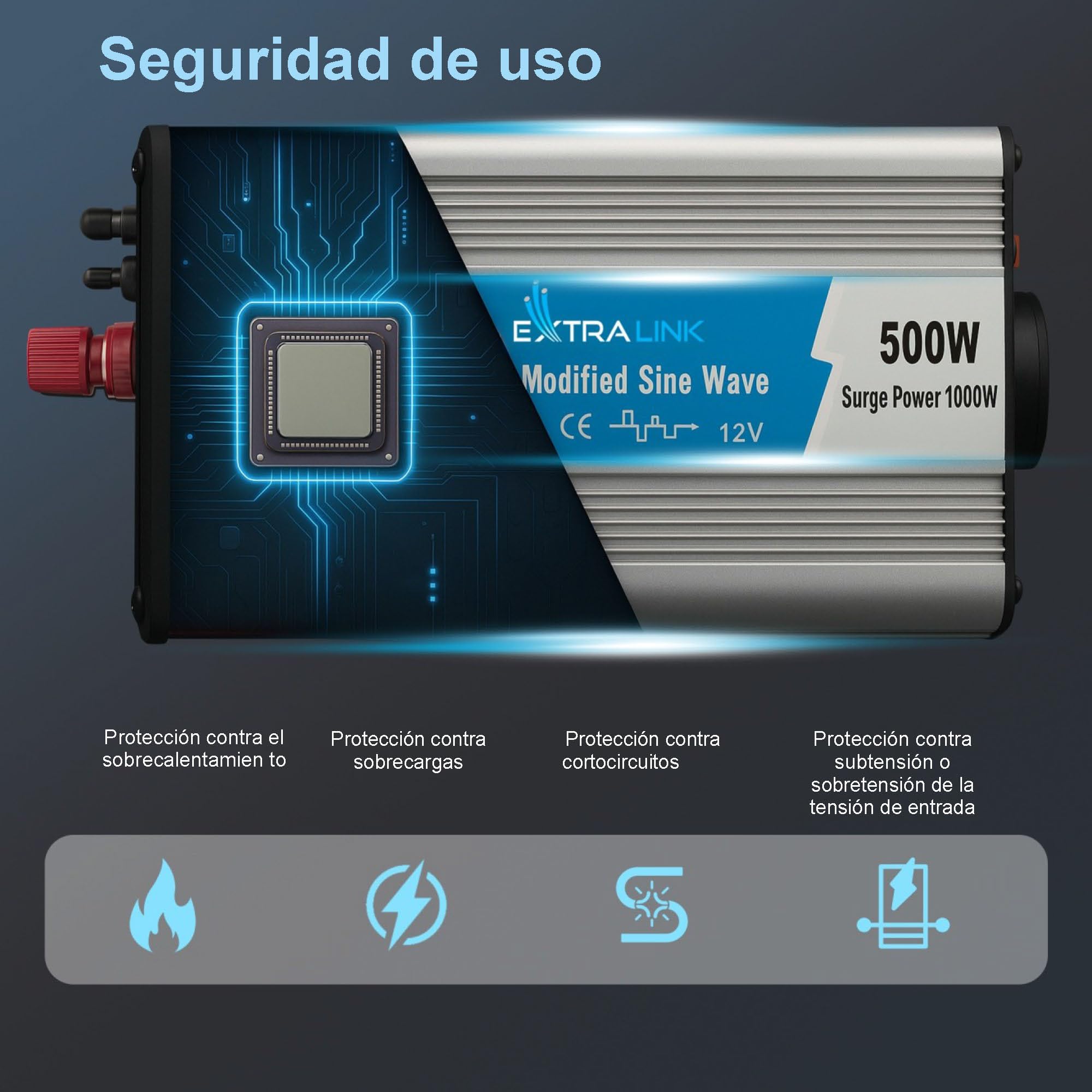 EXTRALINK Inversor 12V 220V Onda Modificada 500W 1000W Pico – Convertidor 12V 200V con USB, Enchufe de mechero, Ventilador y Protección Cuádruple – para Coche, Autocaravana, Barco, Camping, Solar