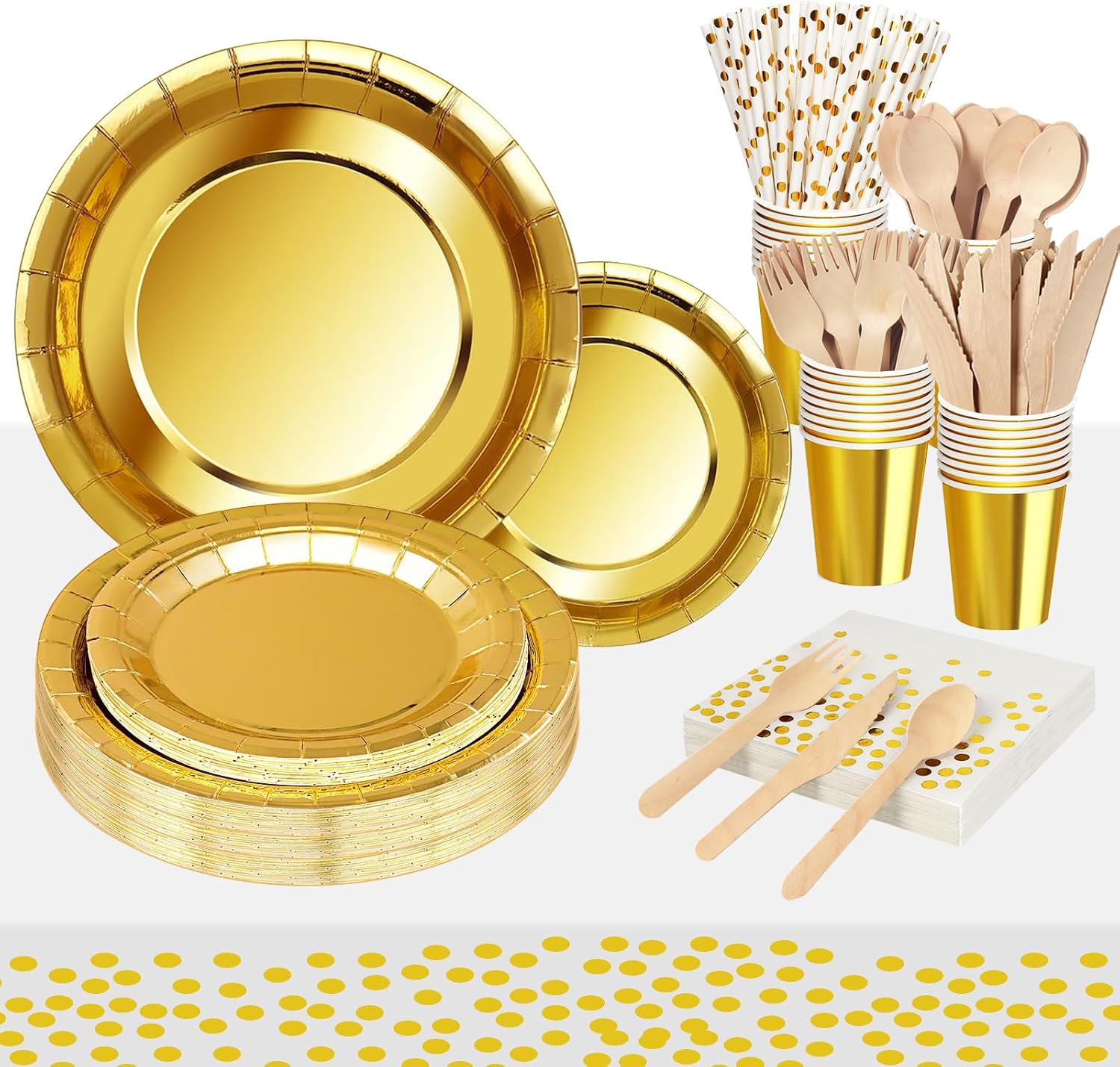 Vajilla de fiesta,193piezas Dorados Reutilizable set de juego de platos y cubiertos, cubertería de cartón, vasos y servilletas, para cumpleaños, bodas, aniversarios – 24 invitados