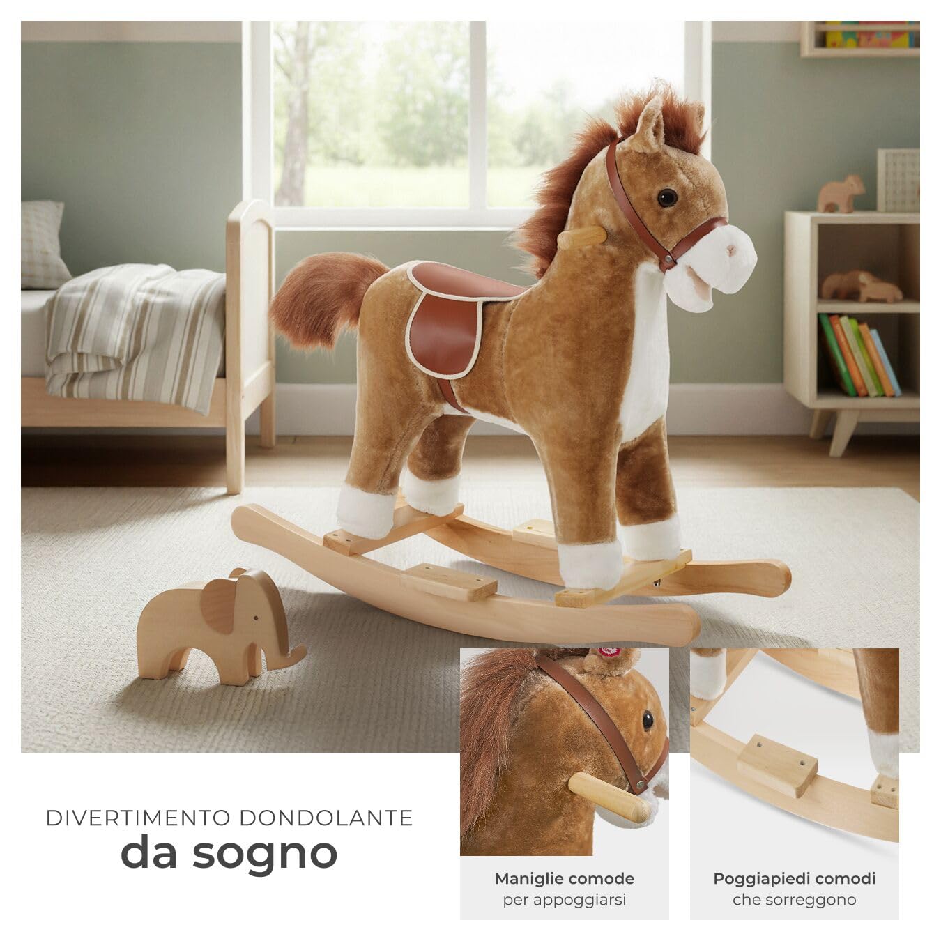 tectake® Cavallo a Dondolo per Bambini dai 24 Mesi, Cavalluccio Marrone Dondolo Neonati in Peluche Morbido, Struttura in Acciaio, Cintura di Sicurezza, con Suoni, Maniglie Poggiapiedi in Legno