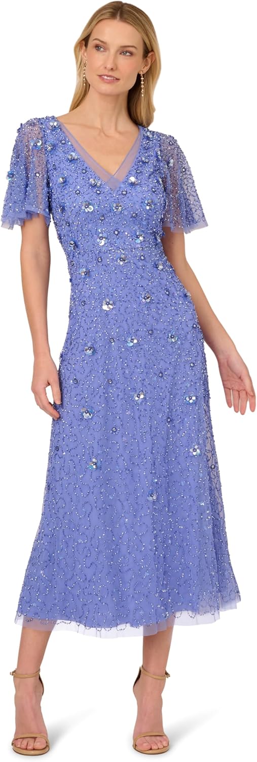 Adrianna Papell Women's Bead Mesh Flutter Dress