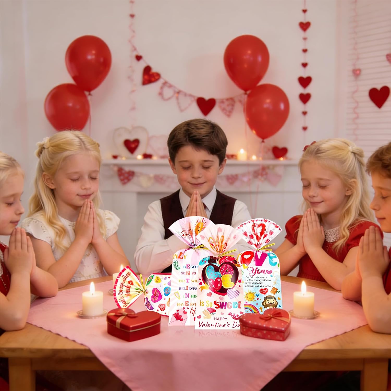 HOWAF Christian Valentine's Day Candy Bags Bulk, Bible Verse Valentines Cellophane Bags for Christian Candy Church Sunday School Supplies, Inspirational Jesus Loves You Gift Bags with Twist Ties for Religious Valentin's Day Favors - Image 6