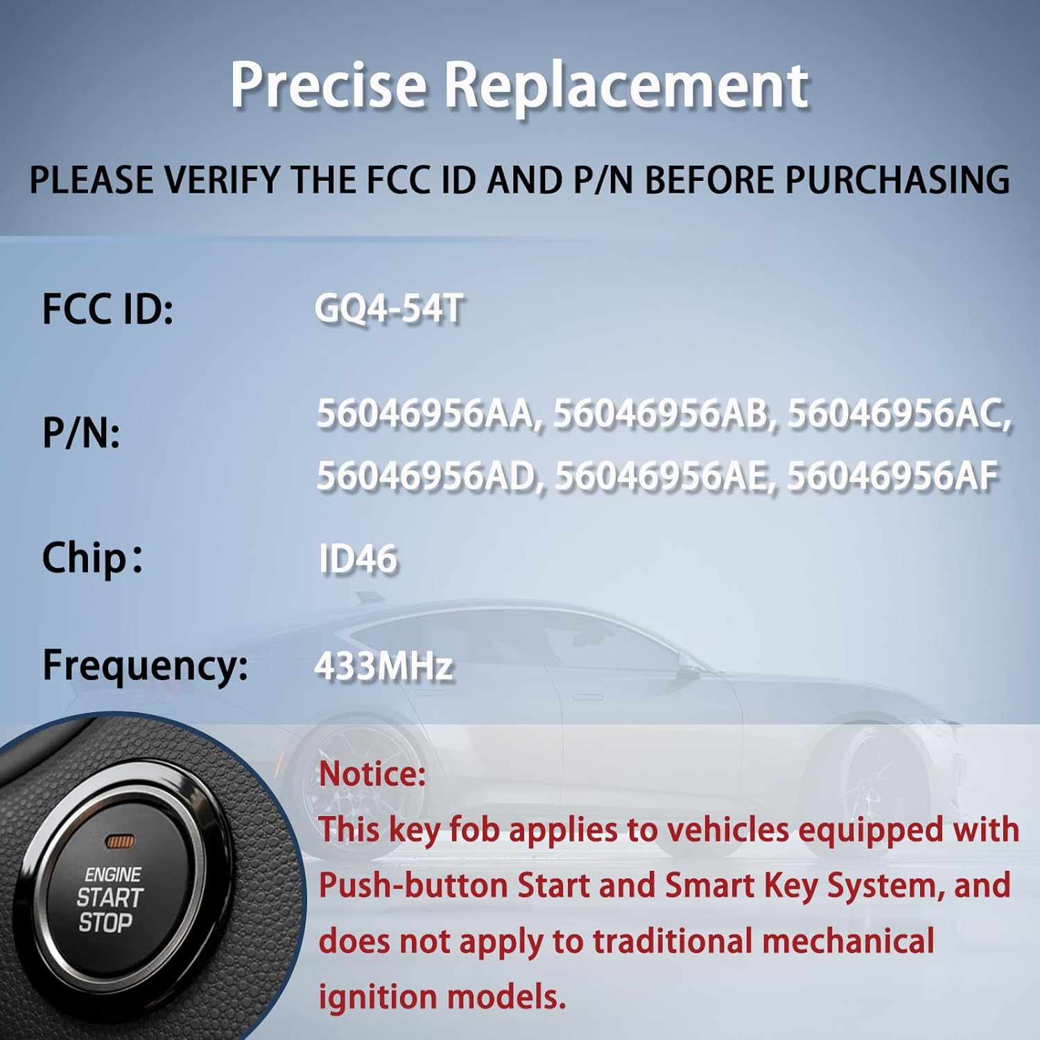 2-Pack Smart Key Fob Replacement Fit for Dodge Ram 1500 2500 3500 2013-2017, Push to Start Keyless Entry Remote with Hidden Emergency Key, FCC ID GQ4-54T, 56046956AA, 433MHz 46 Chip
