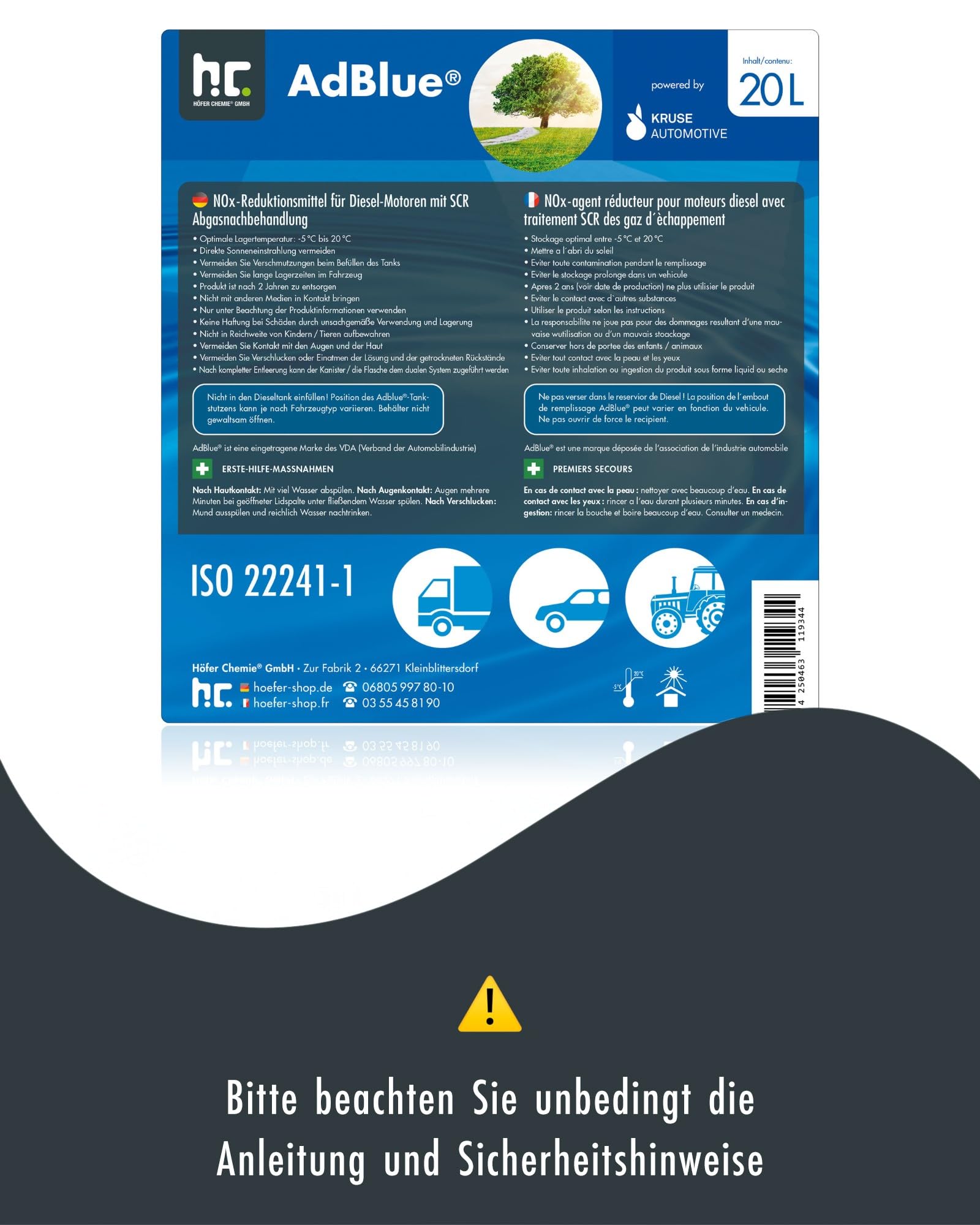 Höfer Chemie AdBlue 20L inkl. Ausgießer | Harnstofflösung für Diesel Autos wie BMW & VW - Kanister mit Ausgießer - Reduziert Giftige Stickoxide