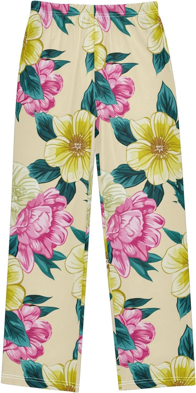 J JOYSAY Floral Blossom Foliage Yellow Pajamas Pants Soft Long Pajama Bottoms Lounge Sleep Pants Size S-XL