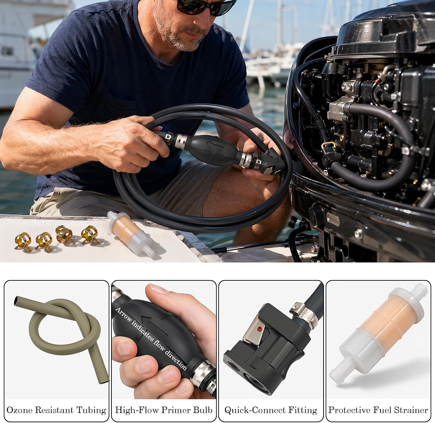 32-858104K08 Outboard Fuel Line Hose Kit, with Primer Bulb, Tank Quick Female Connector, 35-816296-4 Fuel Filter, 5/16" 10 Ft, Fit for Yamaha/Marine/Johnson/Mercury Outboard 4 hp-200 hp