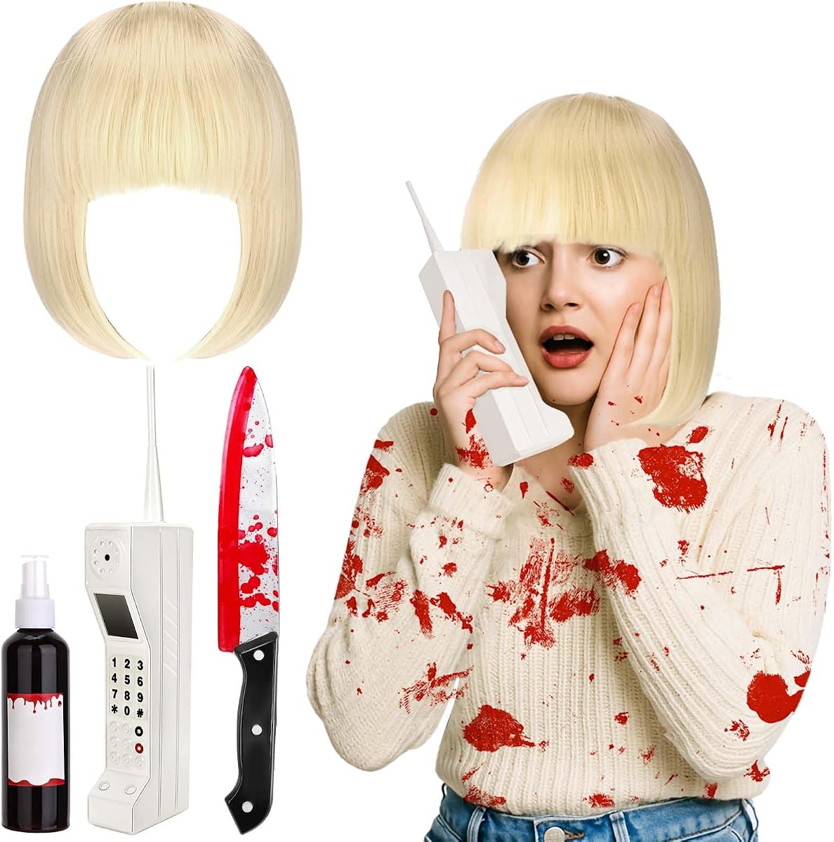 JcHrmers 4Pack Halloween Horror Movie Costume Accessories Short Wig Prop Brick Phone Plastic Knife Fake Blood for Women Fancy Dress Up Supplies