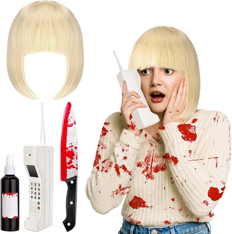 JcHrmers 4Pack Halloween Horror Movie Costume Accessories Short Wig Prop Brick Phone Plastic Knife Fake Blood for Women Fancy Dress Up Supplies