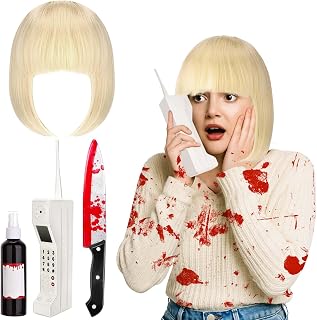 JcHrmers 4Pack Halloween Horror Movie Costume Accessories Short Wig Prop Brick Phone Plastic Knife Fake Blood for Women Fancy Dress Up Supplies