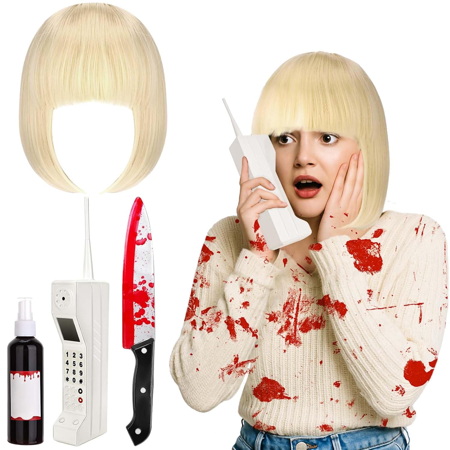 JcHrmers 4Pack Halloween Horror Movie Costume Accessories Short Wig Prop Brick Phone Plastic Knife Fake Blood for Women Fancy Dress Up Supplies