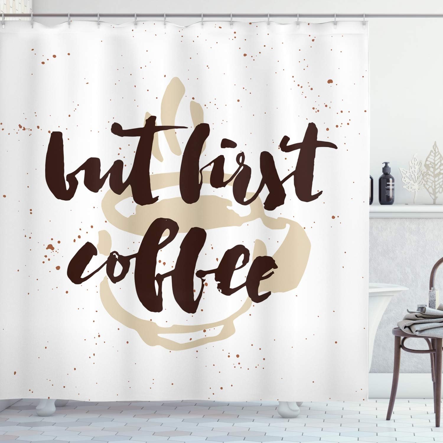 Ambesonne But First Coffee Shower Curtain, Hand Written Saying and Grunge Simple Design Mug Splashes, Cloth Fabric Bathroom Decor Set with Hooks, 69" W x 70" L, White Beige
