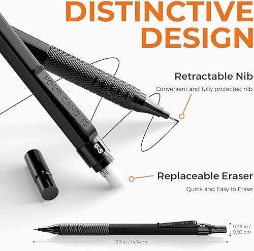 Miniatura 2 de Four Candies Juego de 2 lápices mecánicos de metal con estuche, 0.020 in y 0.028 in con 6 tubos (360 piezas) repuestos de plomo HB, 3 borradores, 9