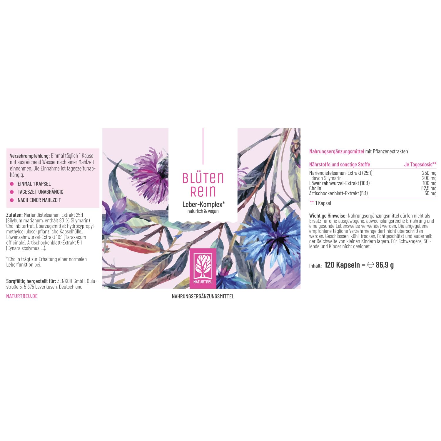 NATURTREU® Mariendistel Artischocke Löwenzahn Kapseln - Leber Komplex mit Cholin für die normale Funktion der Leber - Mariendistel Hochdosiert 80% Silymarin 200 mg - 120 Kapseln - 4 fach Komplex