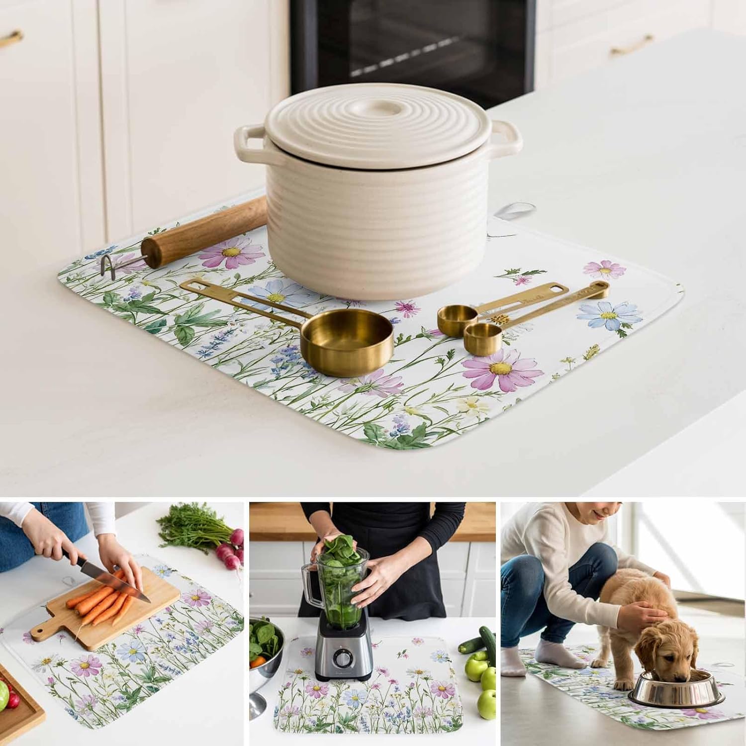 Spring Garden Flower Plants Dish Drying Mats for Kitchen Counter,Absorbent Microfiber Dish Drainer Rack Mat Farmhouse Watercolor Floral Drying Pad for Sinks,Utensils,Countertops,18x24in