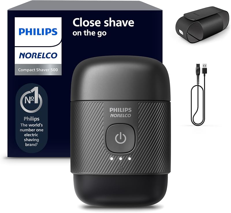 Philips Norelco Serie 500, Afeitadora de Viaje Eléctrica Compacta, Negro | Cuchillas de Precisión de Acero, Sistema de Elevación y Corte, Cabezales Flotantes 3D, Tiempo de Ejecución de 40 Minutos, Uso en Mojado o Seco, Estuche de Viaje, S591/94
