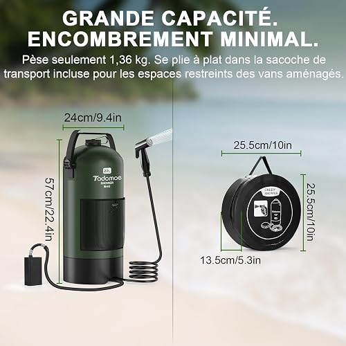 Tadomoe Electric Camping Shower 20L with Pump 2000 mAh, Green - 4