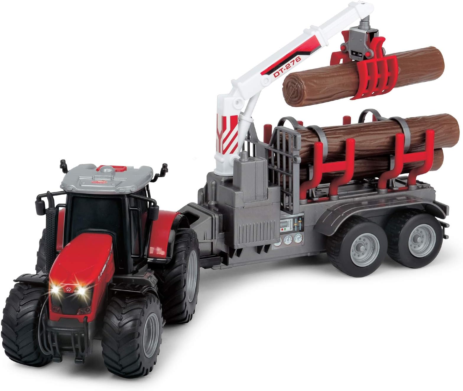 Dickie Toys 203737003 Toys Massey Ferguson Toy Tractor with Trailer and 3 Wooden Logs, Wooden Grabber, Tractor with Trailer, Type 8737, Farm Toy, Light & Sound, Includes Batteries, 42 cm
