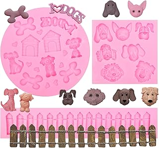 Cute Small Puppy Dog Fondant Molds 3 Pcs, House Bone Face Silicone Mold, Garden Picket Fence Molds for Chocolate Cake Decoration Candy Cupcake Topper Cake Pop Popsicle Polymer Clay Crafts