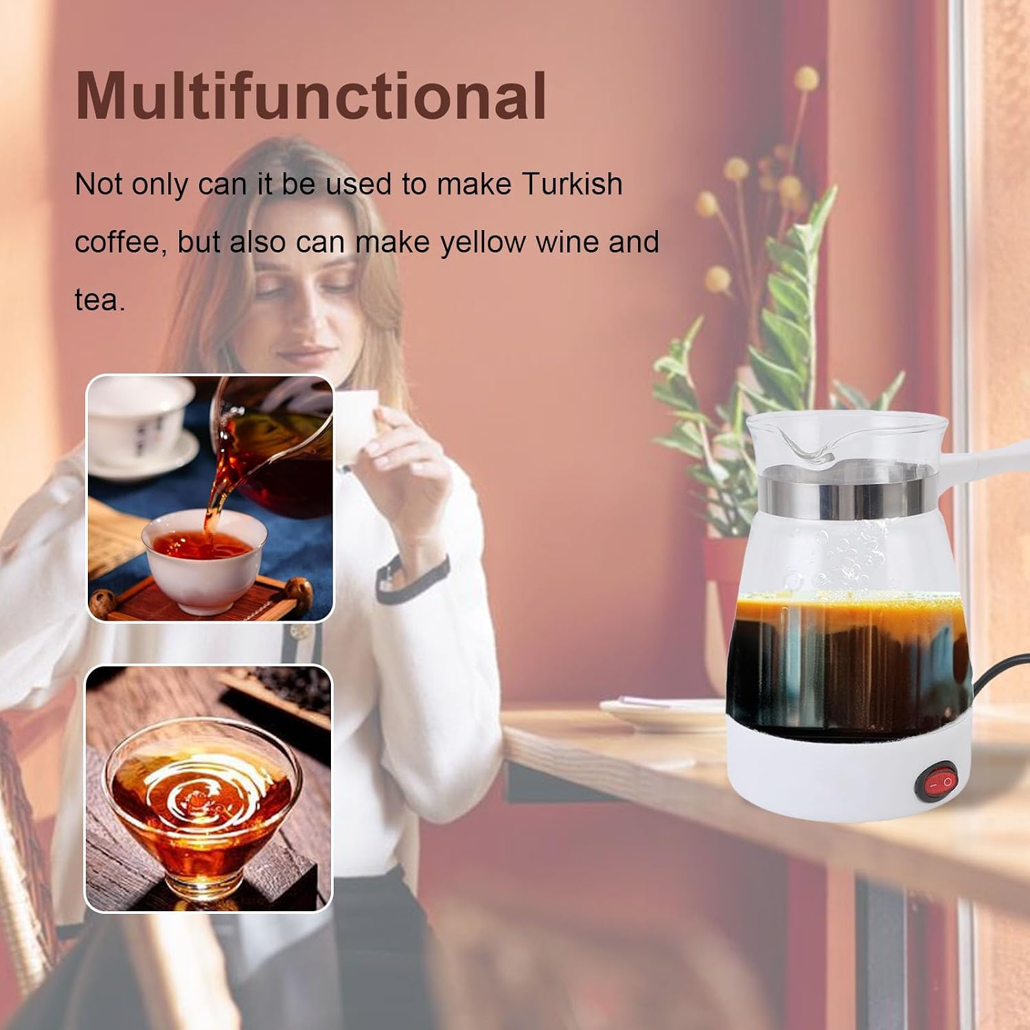 Asixxsix Electric Turkish Coffee Pot, 600ML Turkish Coffee Maker Electric Glass Coffee Maker with Quick Heating 600W for Turkish Coffee Tea Yellow Wine (US Plug)