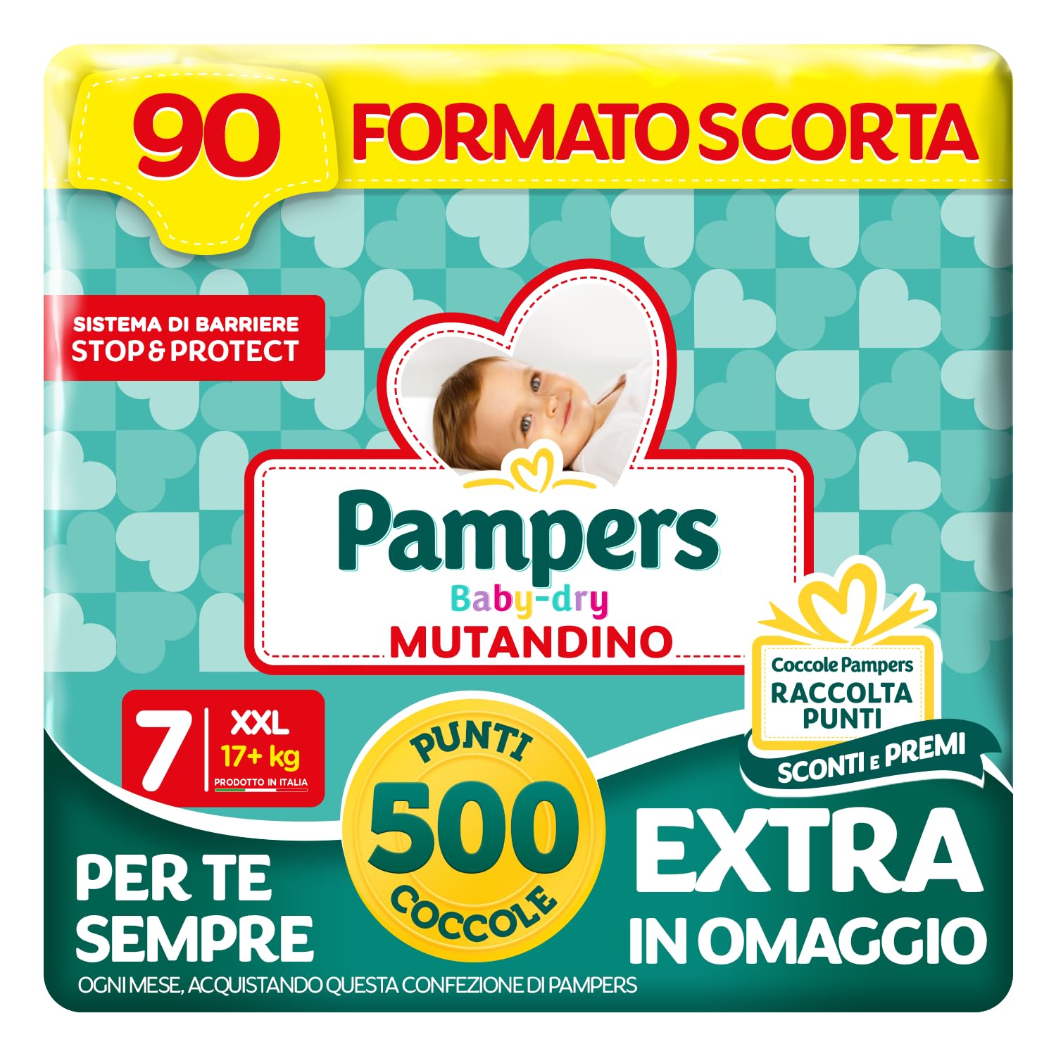 Pampers Baby Dry Mutandino XXL, Taglia 7 (17+ kg), 90 Pannolini Bambino | Formato Scorta, Barriera Stop&Protect, Anti-Fuoriuscite, Fascia Elastica, Asciutto 12h, Cambio Facile, 500 Punti Omaggio