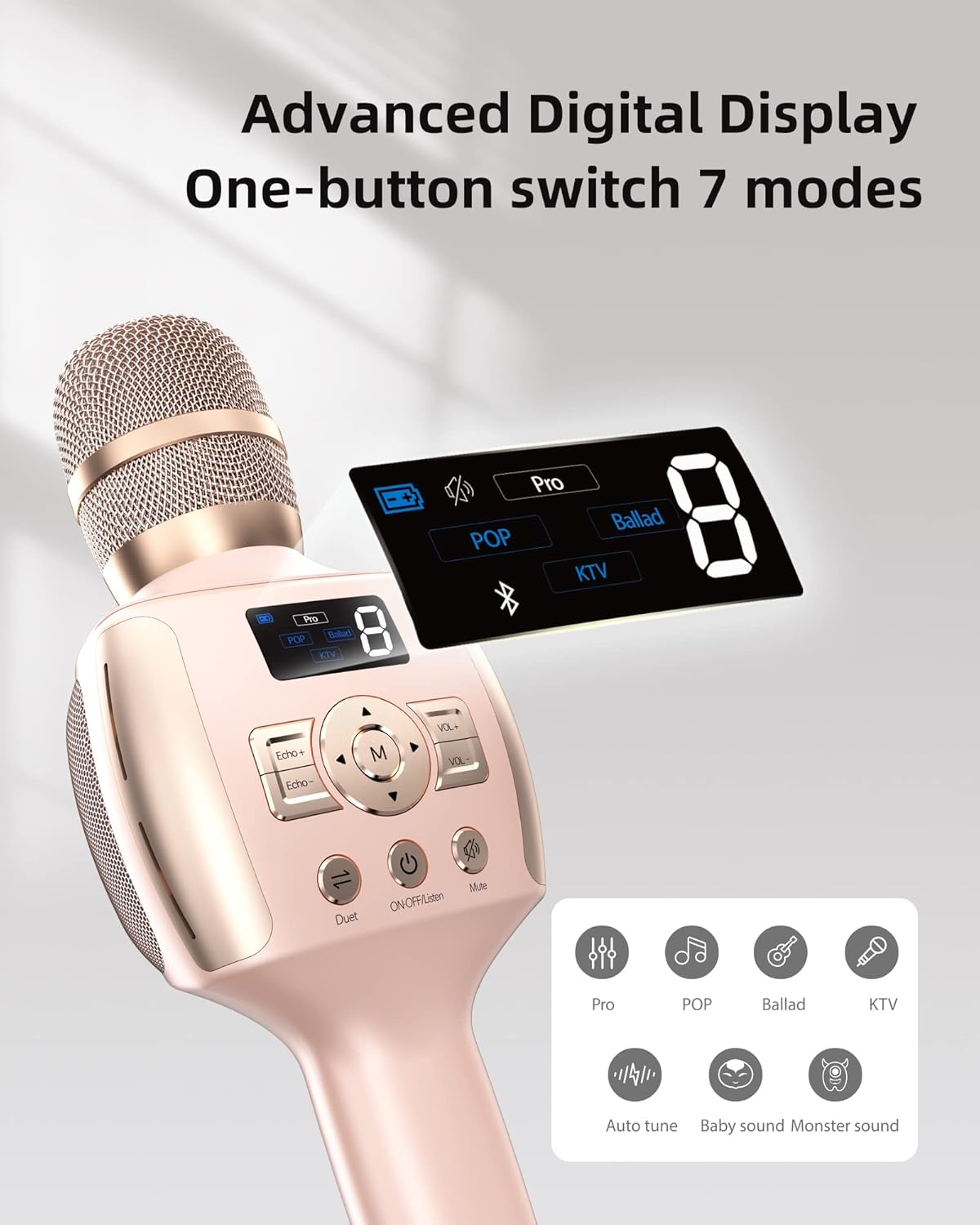 MEINIAO A2 Karaoke Microphone digital display showing various sound modes