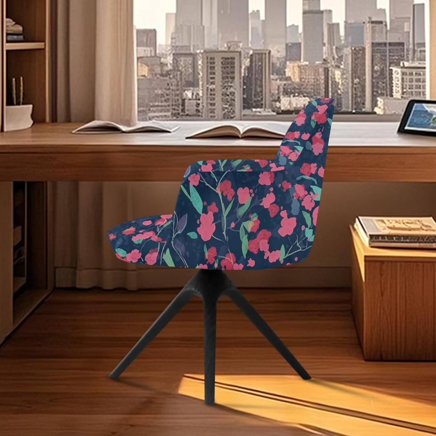 Retro Flower Leaf Print Swivel Accent Chair Slipcover Stretchy Fabric Office Chair Cover Wingback Armchair Protector Removable Non-Slip Decor for Living Room
