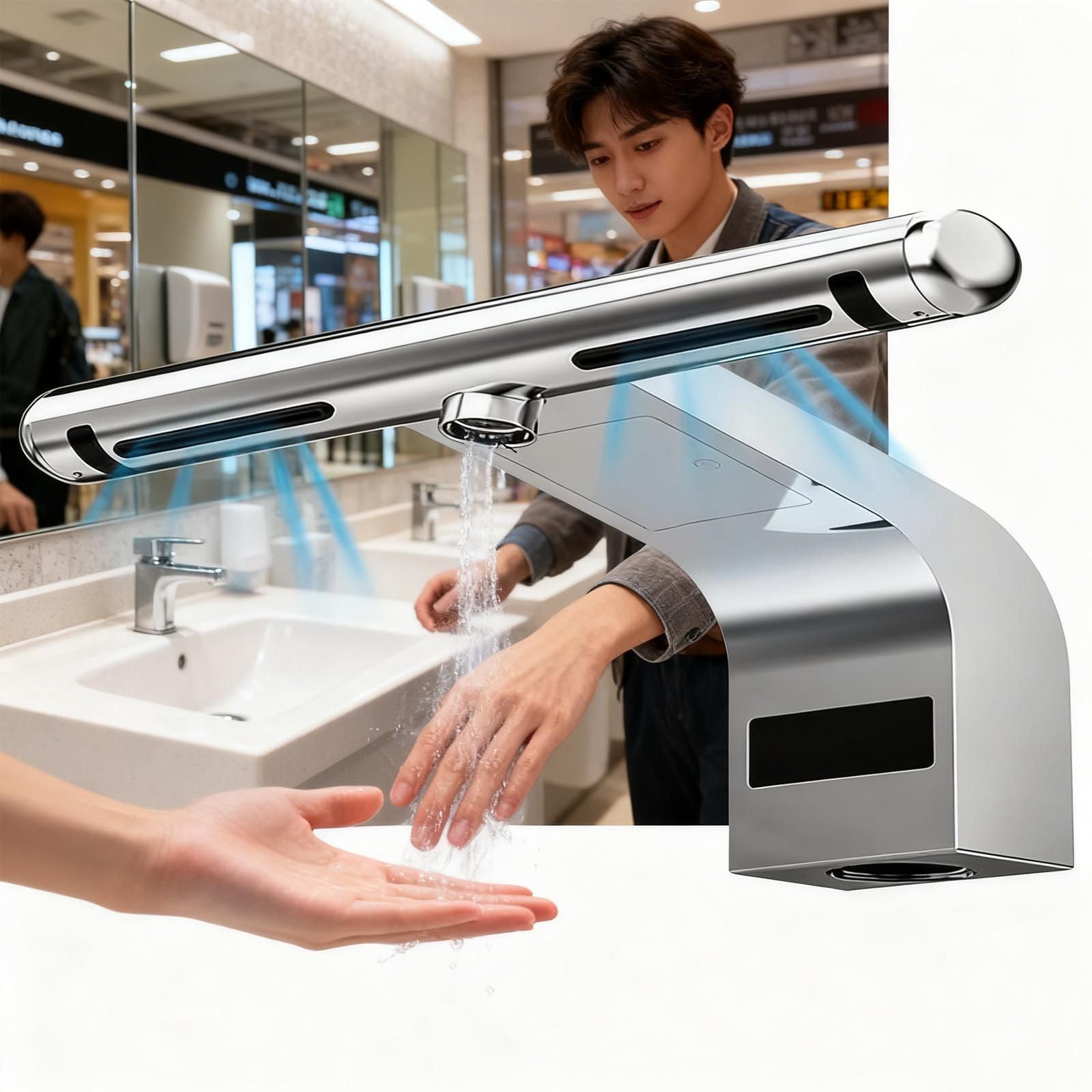 2-In-1 Hochleistungs-Gewerbe-HäNdetrockner + Waschanlage,1150w Automatischer Hochgeschwindigkeits-Handtrockner Aus Edelstahl Mit Warm-/Kaltluftfunktion, Wasch- Und Trocknungsfunktion