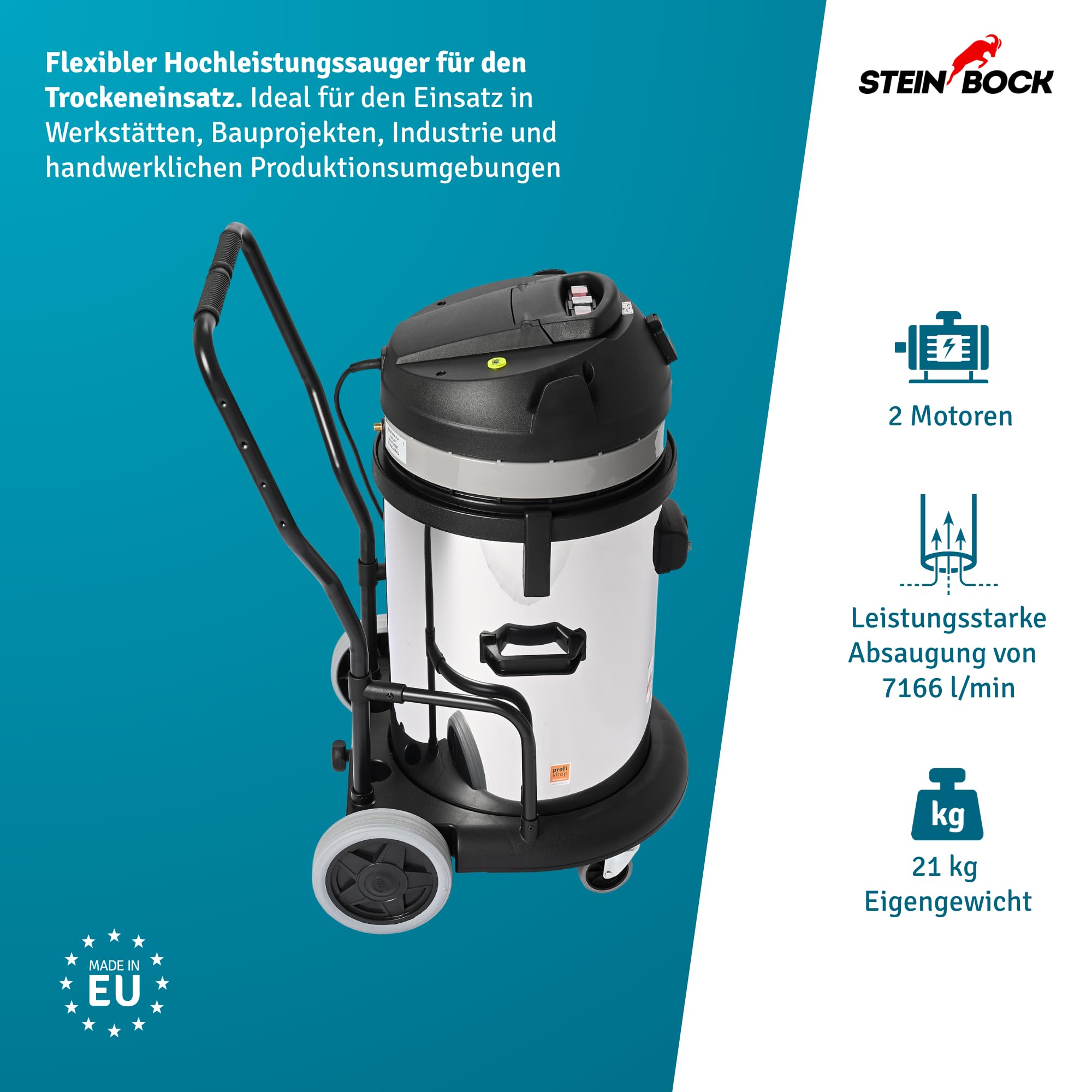 Steinbock Industriesauger trocken | 2.400 Watt | 62 l Fassungsvermögen