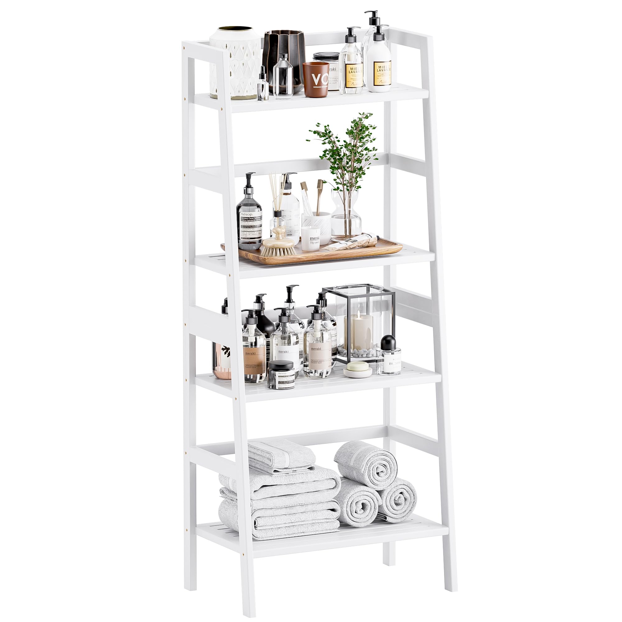 Photo 1 of HITNET White Ladder Bookshelf, Leaning Bookcase, 4-Tier Bamboo Shelf, Floor Standing Storage Shelving Unit, Open Display Book Shelves