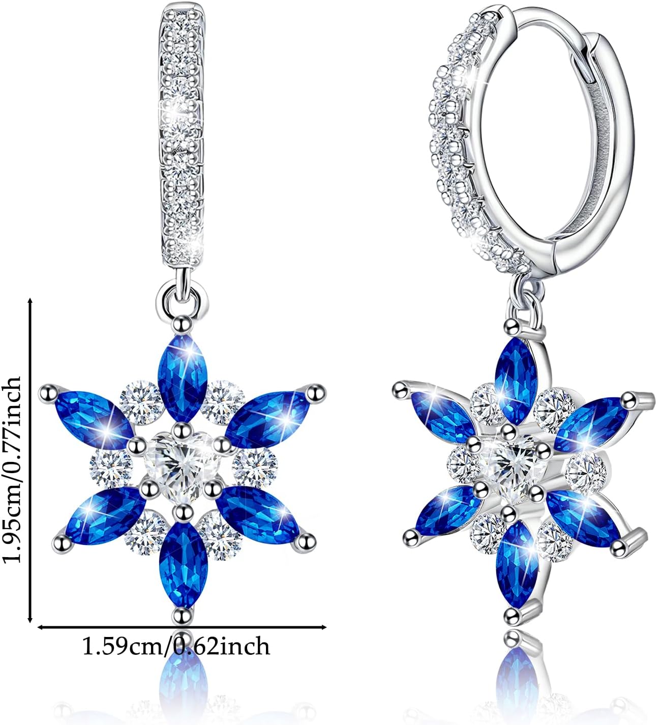 S925 Sterling Silver Blue Cubic Zirconia Snowflake Dangle Hoop Earrings with Heart Cz Hypoallergenic Loop Earrings Winter Jewelry for Women Birthday Party - Image 4