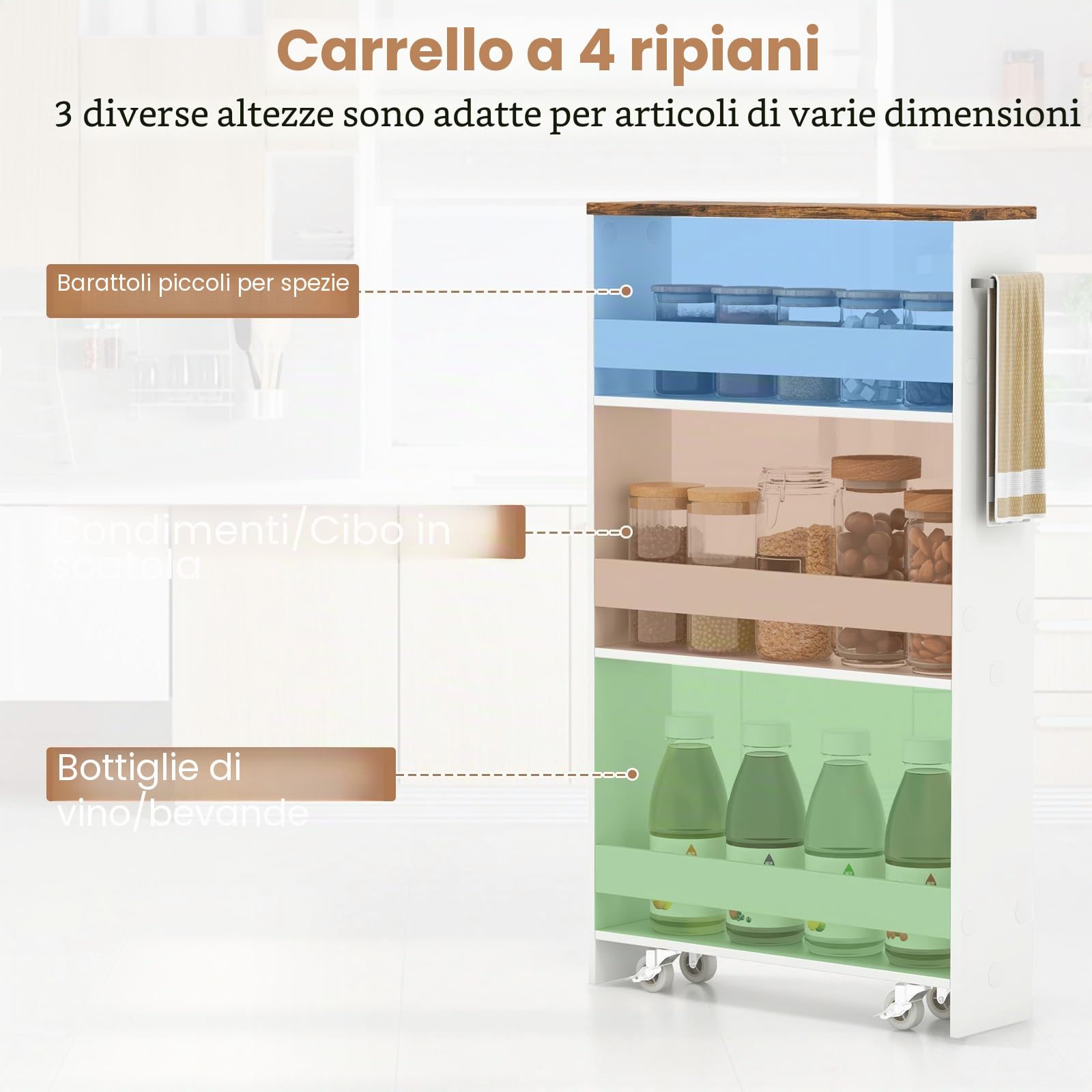 KOMFOTTEU Carrello Portaoggetti a 4 Ripiani con Ruote Rirevoli a 360°, Carrellino Scorrevole con Maniglia Slim, da Bagno, Cucina, Lavanderia, 47,5 x 20 x 80,5 cm (Bianco e Marrone, Senza Presa)