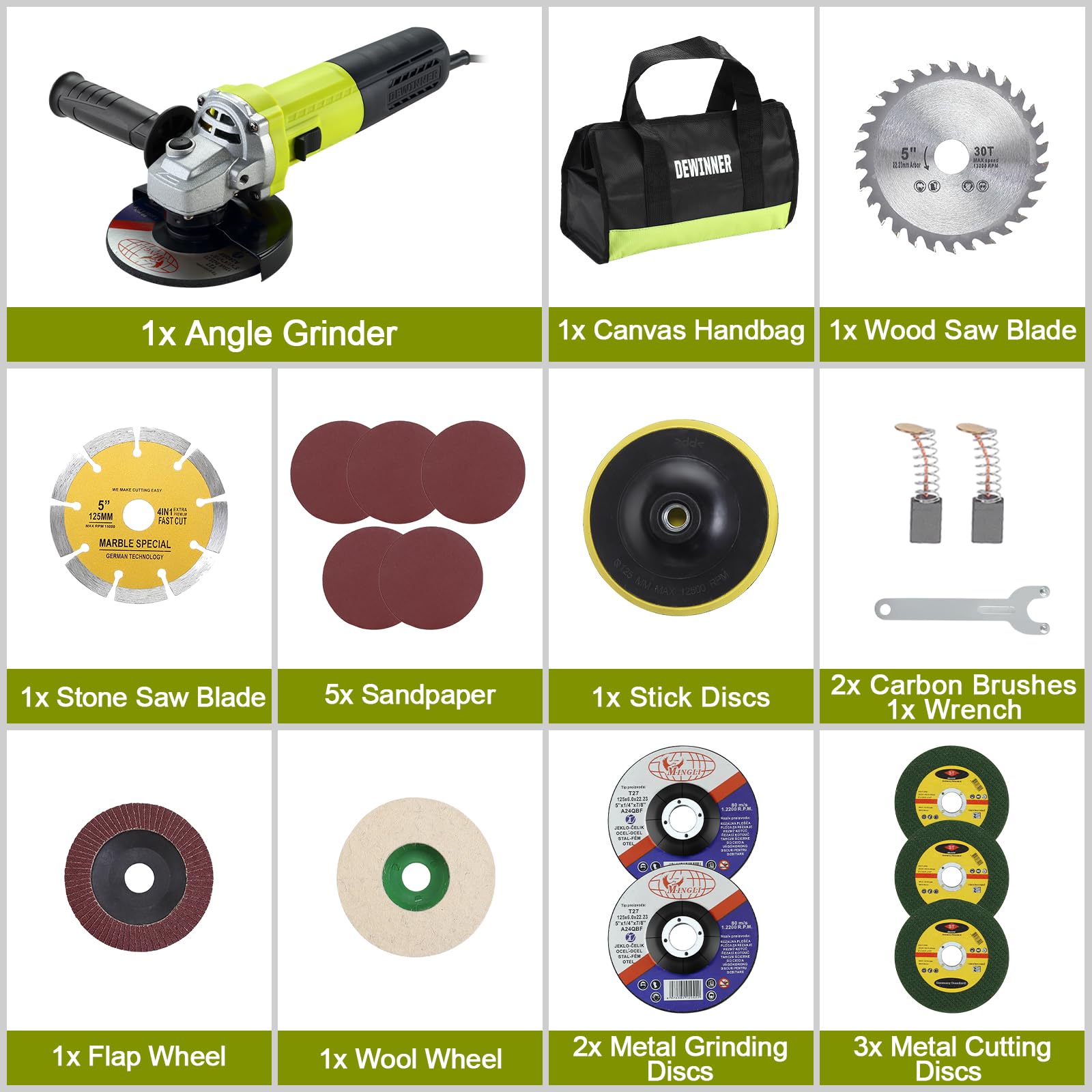 DEWINNER Meuleuse D'angle 125mm 1000W 2000-12000 trs/min Avec 20 Accessoires, Meuleuses D'angle Avec Sac à Main en Toile, Disqueuse 125 mm, Coupe et le Meulage, le Polissage, Métal, Bois,Céramique