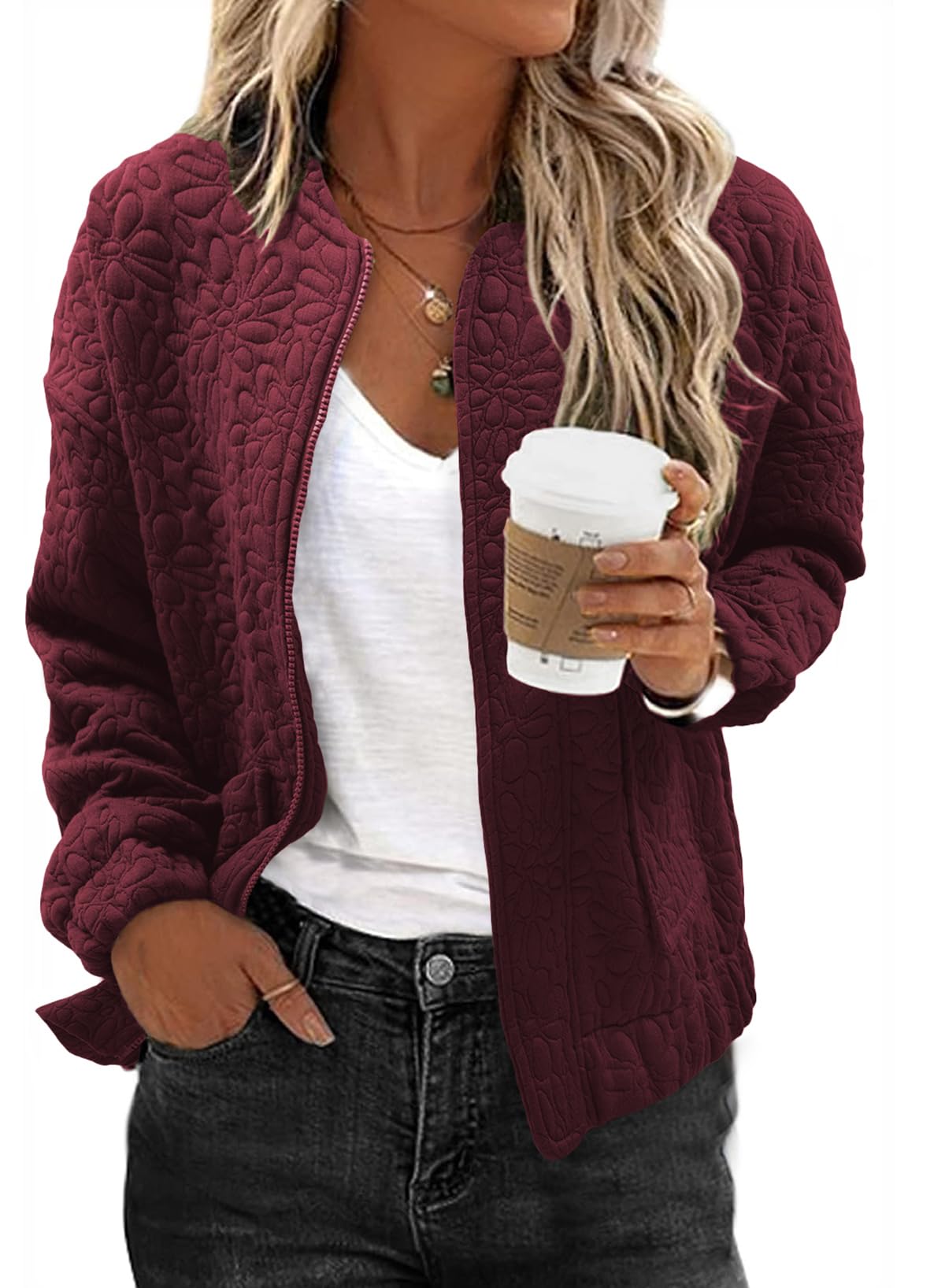 Bomber Jacket Women Jacquard Zip Up Coat with Pockets
