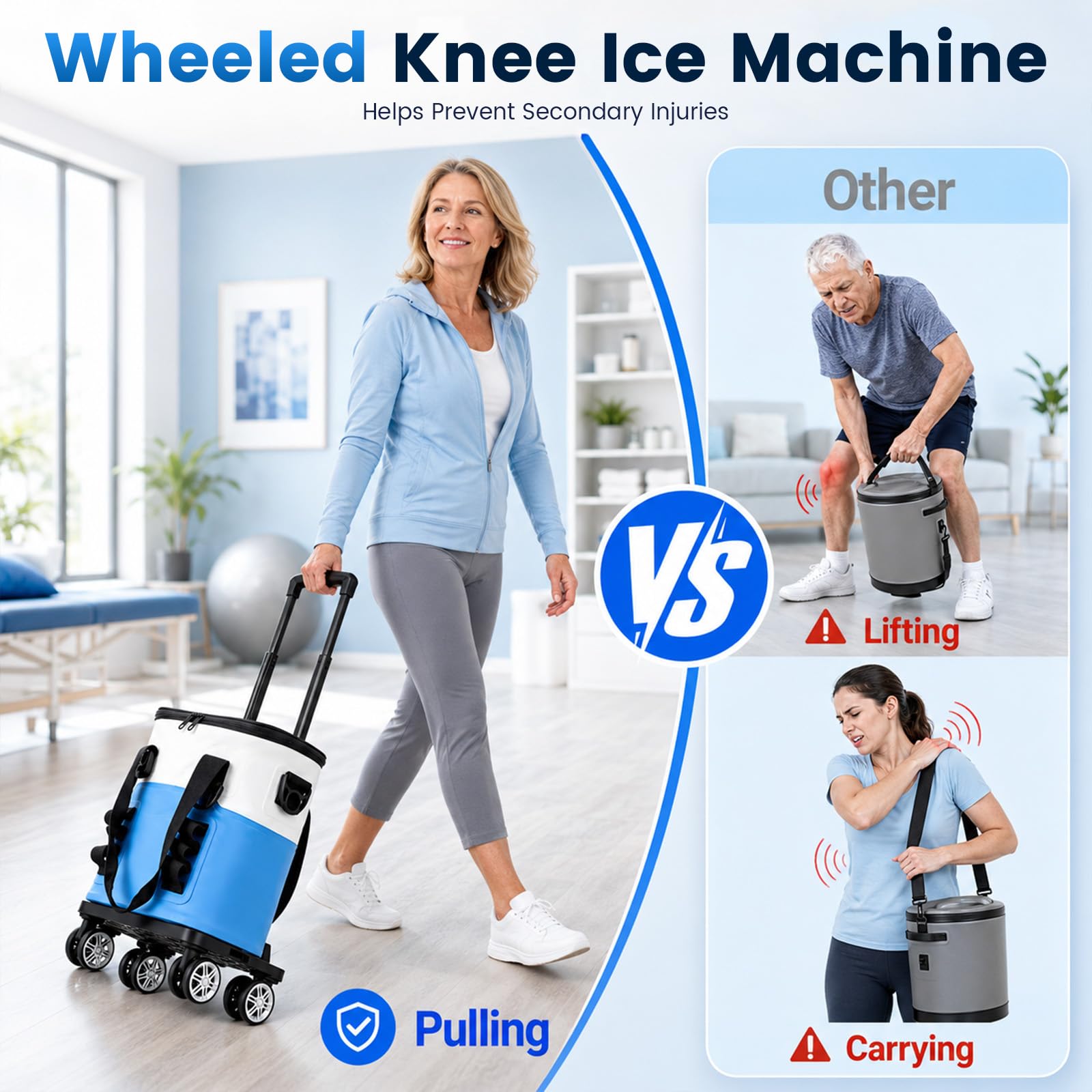 Máquina de terapia de frío para rodillas con barra telescópica y ruedas, dispositivo de terapia de frío 19L/20QT con temporizador, máquina de hielo portátil con 5 niveles de flujo para alivio del