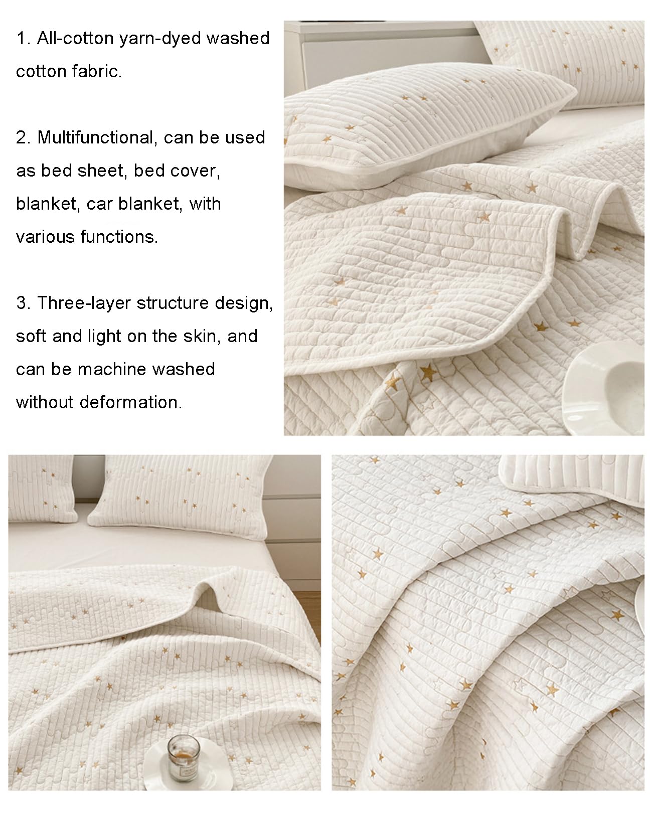 Colcha Cama, 100% Algodón Acolchado Fino, Cubrecama Moderno Y Elegante Tejido Fino, Colcha Cubre Cama Multiusos para Todas Las Estaciones,Blanca,230 * 245cm