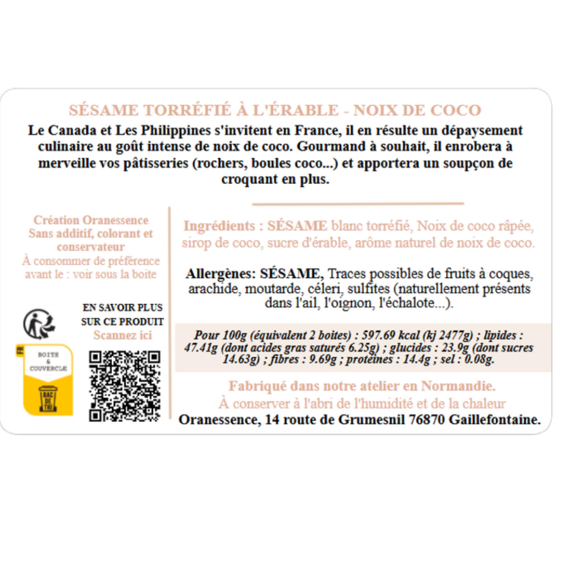 Sésame à l'érable (200g) - Noix De Coco - Topping Dessert - UNIQUE - Fabriqué à la main en Normandie - Assemblage d'Exception - Sans additif, Sans Colorant, Sans Conservateur, non irradié