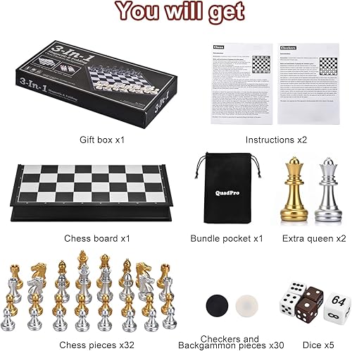Miniatura 7 de Juego de mesa de backgammon magnético 3 en 1 con tablero plegable de 12.5 pulgadas para niños y adultos (Ajedrez oro y plata)
