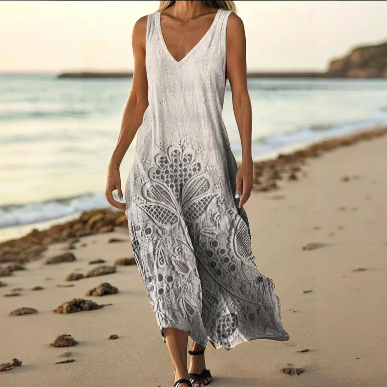 Women's Summer Boho Vacation Rainbow Gradient Print Sleeveless Maxi Dress Loose Flowy A Line Beach Sundress
