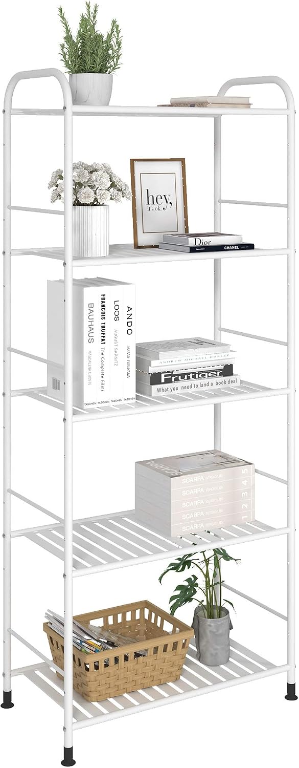 JSB 5-Tier Adjustable Shelving Unit, Heavy Duty Storage Rack Organizer Metal Corner Shelf for Kitchen Living Room Laundry Pantry Bathroom (White, 5 Tier)