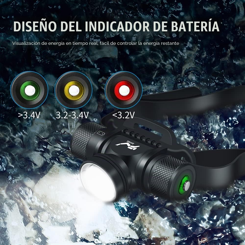 WINDFIRE 5000 lúmenes luz subacuática, luz frontal subacuática, 5 modos linterna frontal subacuática, IPX8 impermeable sumergible 60 metros de seguridad cabeza de buceo con carga