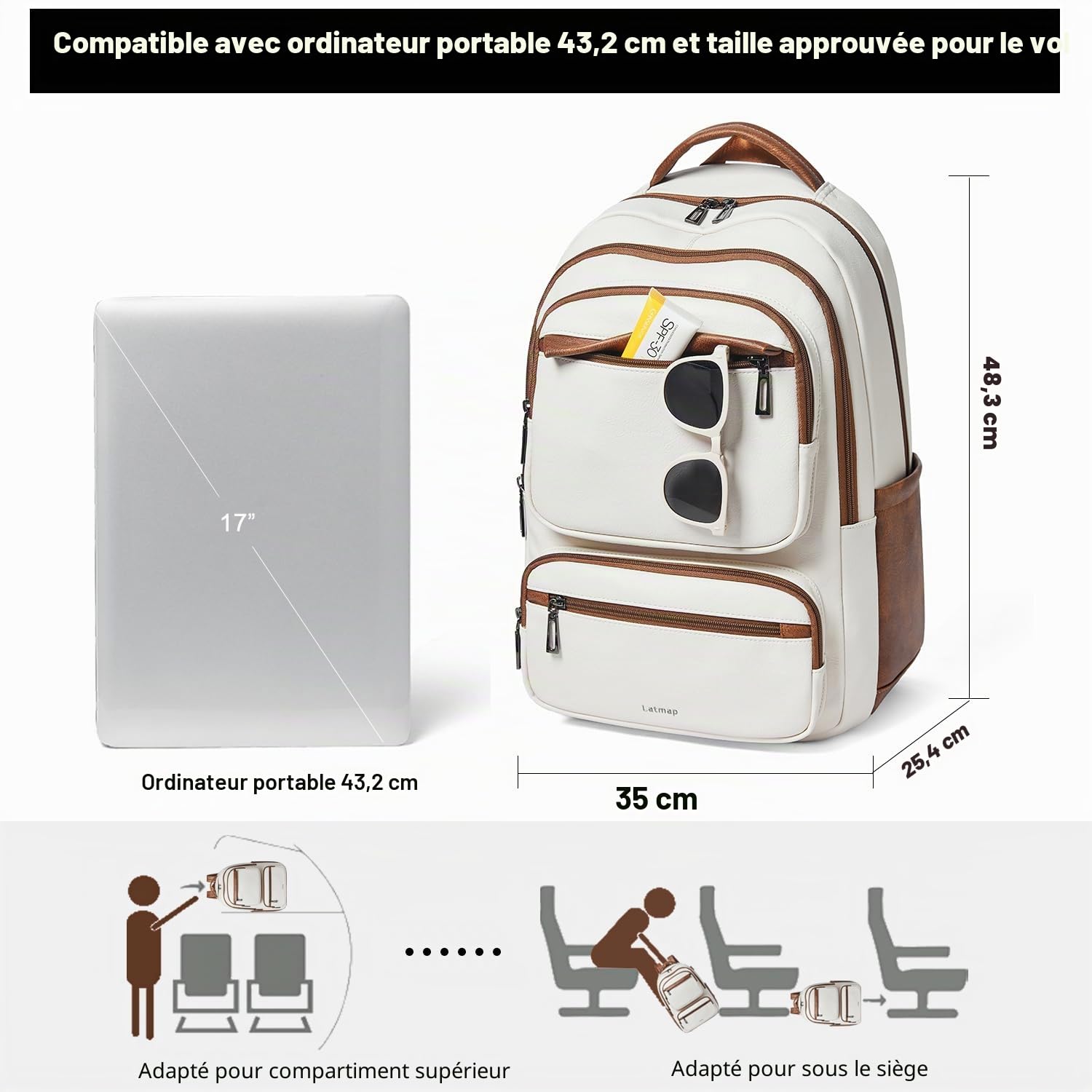 LATMAP Sac à Dos Femme 43L,PU Cuir Backpack Antivol Sac a Dos Scolaires Déperlant Sac College Fille Mixte Idéal Affaires,Voyage,Scolaire Collège,couleur café