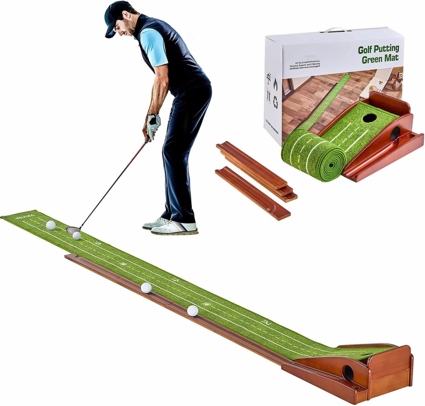 Golf Putting Mat Indoor, 2 Hole Golf Green Trainer, Automatic Ball Return, Portable Putting Practice System for Home Office